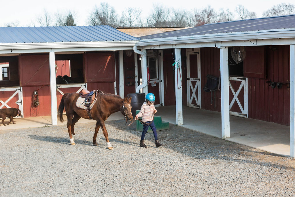 Young rider leading her horse at Serene Acres